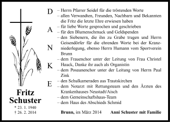 Traueranzeige von Fritz Schuster von Neustadt/ Scheinfeld/ Uffenheim