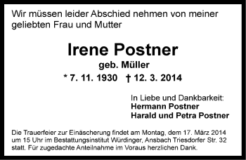 Traueranzeige von Irene Postner von Ansbach