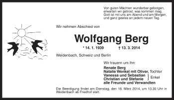 Traueranzeige von Wolfgang Berg von Ansbach