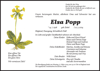 Traueranzeige von Elsa Popp von Ansbach