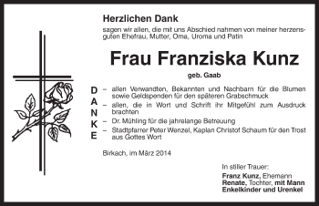 Traueranzeige von Franziska Kunz von Dinkelsbühl/ Feuchtwangen