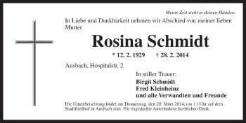 Traueranzeige von Rosina Schmidt von Ansbach