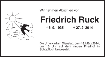 Traueranzeige von Friedrich Ruck von Dinkelsbühl/ Feuchtwangen