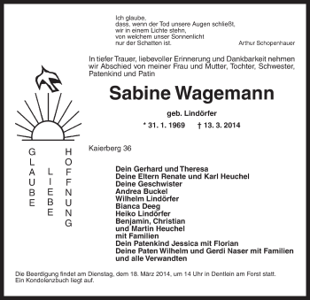 Traueranzeige von Sabine Wagemann von Dinkelsbühl/ Feuchtwangen