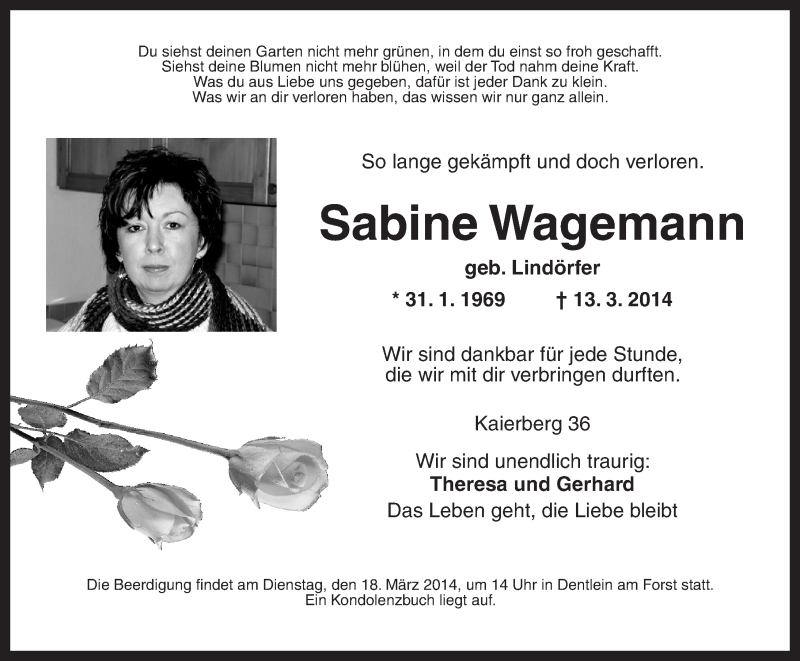  Traueranzeige für Sabine Wagemann vom 17.03.2014 aus Dinkelsbühl/ Feuchtwangen