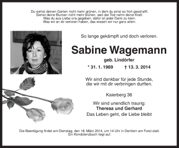 Traueranzeige von Sabine Wagemann von Dinkelsbühl/ Feuchtwangen