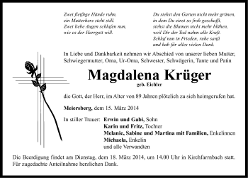 Traueranzeige von Magdalena Krüger von Neustadt/ Scheinfeld/ Uffenheim