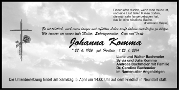 Traueranzeige von Johanna Komma von Neustadt/ Scheinfeld/ Uffenheim