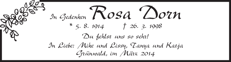  Traueranzeige für Rosa Dorn vom 26.03.2014 aus Ansbach