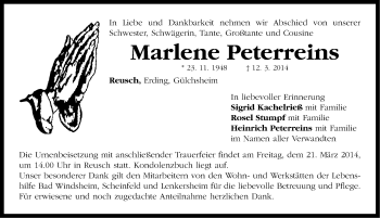 Traueranzeige von Marlene Peterreins von Neustadt/ Scheinfeld/ Uffenheim