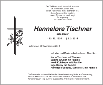 Traueranzeige von Hannelore Tischner von Ansbach