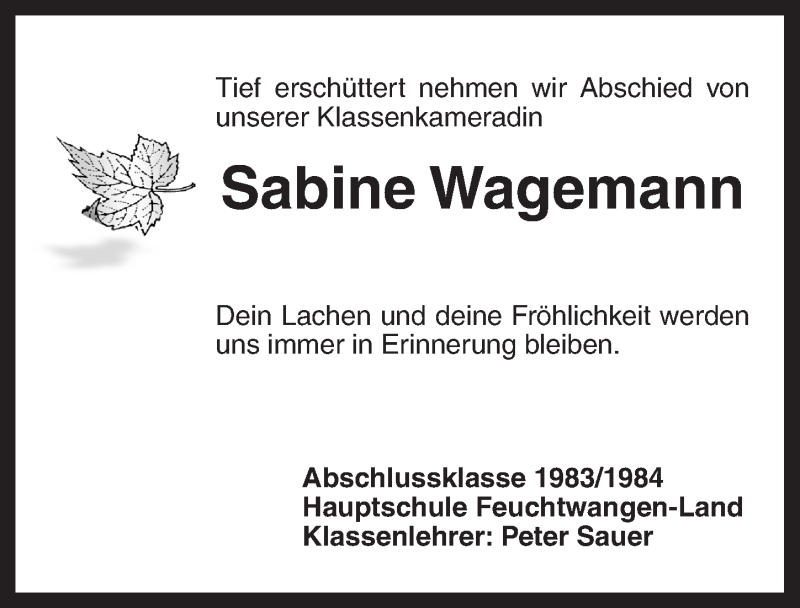  Traueranzeige für Sabine Wagemann vom 19.03.2014 aus Dinkelsbühl/ Feuchtwangen