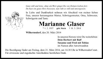 Traueranzeige von Marianne Glaser von Neustadt/ Scheinfeld/ Uffenheim