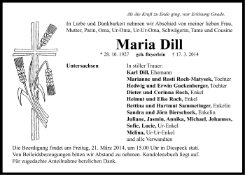 Traueranzeige von Maria Dill von Neustadt/ Scheinfeld/ Uffenheim