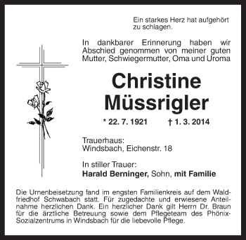 Traueranzeige von Christine Müssrigler von Ansbach