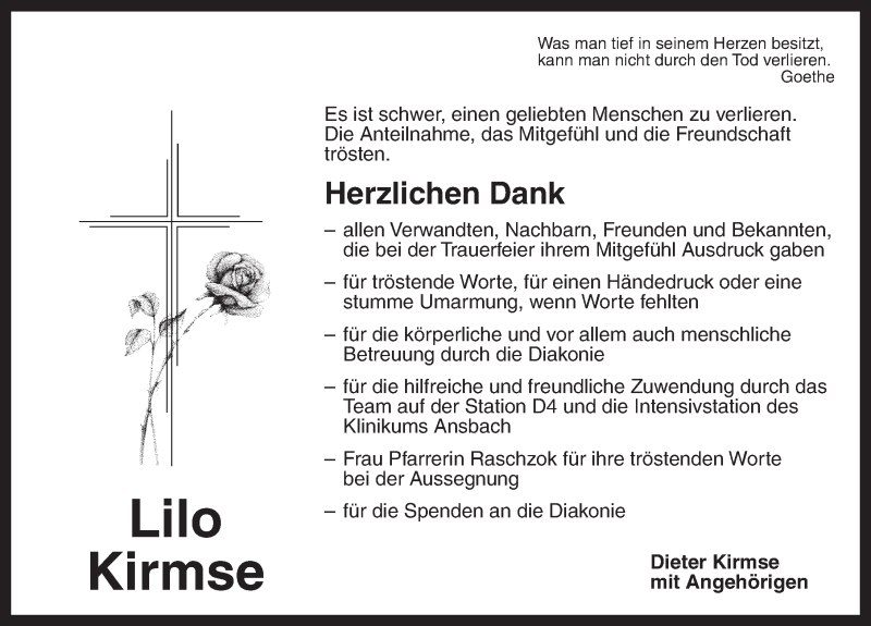  Traueranzeige für Lilo Kirmse vom 22.03.2014 aus Ansbach