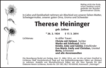 Traueranzeige von Therese Heininger von Ansbach