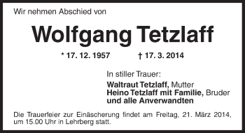 Traueranzeige von Wolfgang Tetzlaff von Ansbach