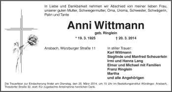 Traueranzeige von Anni Wittmann von Ansbach