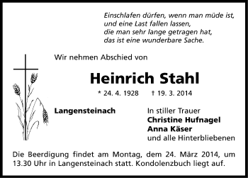 Traueranzeige von Heinrich Stahl von Neustadt/ Scheinfeld/ Uffenheim