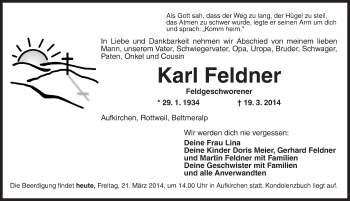 Traueranzeige von Karl Feldner von Dinkelsbühl/ Feuchtwangen