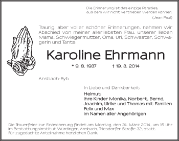 Traueranzeige von Karoline Ehrmann von Ansbach