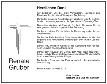 Traueranzeige von Renate Gruber von Ansbach