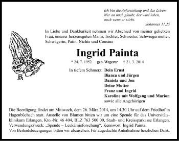 Traueranzeige von Ingrid Painta von Neustadt/ Scheinfeld/ Uffenheim