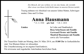 Traueranzeige von Anna Hausmann von Neustadt/ Scheinfeld/ Uffenheim