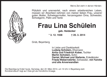 Traueranzeige von Lina Schülein von Dinkelsbühl/ Feuchtwangen