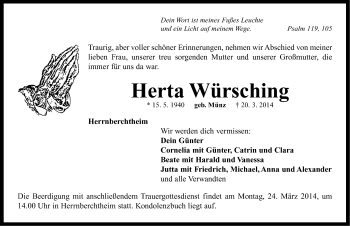 Traueranzeige von Herta Würsching von Neustadt/ Scheinfeld/ Uffenheim