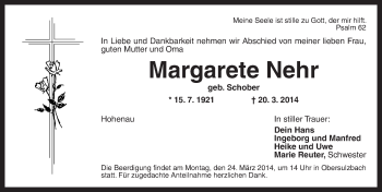 Traueranzeige von Margarete Nehr von Ansbach