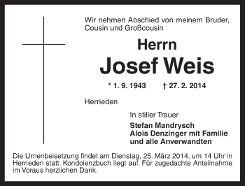 Traueranzeige von Josef Weis von Ansbach