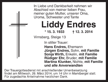 Traueranzeige von Liddy Endres von Ansbach