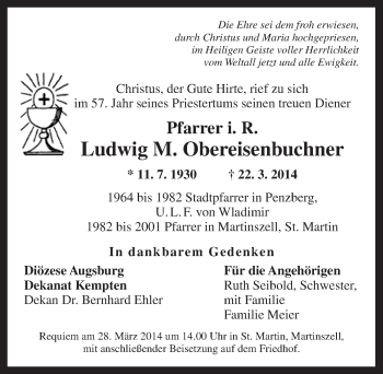 Traueranzeige von Ludwig M. Obereisenbuchner von Dinkelsbühl/ Feuchtwangen