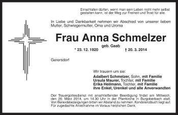 Traueranzeige von Anna Schmelzer von Ansbach