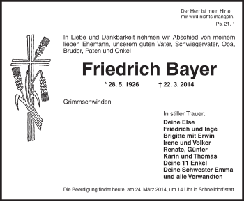 Traueranzeige von Friedrich Bayer von Dinkelsbühl/ Feuchtwangen