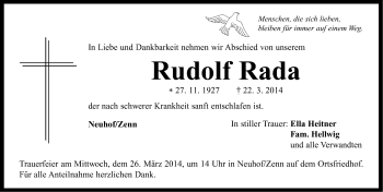 Traueranzeige von Rudolf Rada von Neustadt/ Scheinfeld/ Uffenheim