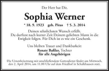 Traueranzeige von Sophia Werner von Ansbach