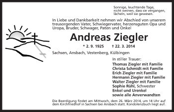 Traueranzeige von Andreas Ziegler von Ansbach