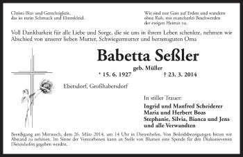 Traueranzeige von Babetta Seßler von Ansbach