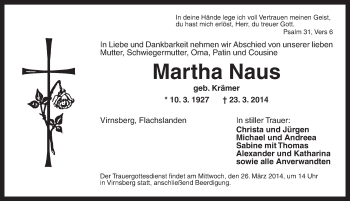 Traueranzeige von Martha Naus von Ansbach