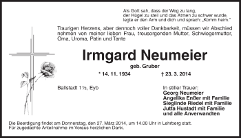 Traueranzeige von Irmgard Neumeier von Ansbach