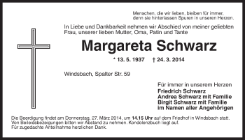 Traueranzeige von Margareta Schwarz von Ansbach