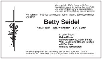 Traueranzeige von Betty Seidel von Ansbach