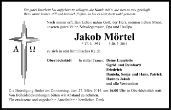 Traueranzeige von Jakob Mörtel von Neustadt/ Scheinfeld/ Uffenheim