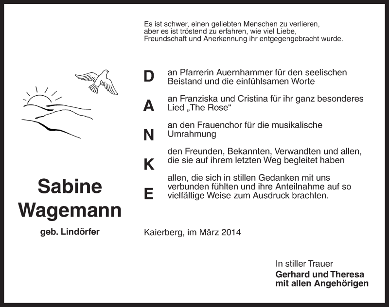  Traueranzeige für Sabeine Wagemann vom 29.03.2014 aus Dinkelsbühl/ Feuchtwangen