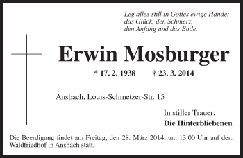 Traueranzeige von Erwin Mosburger von Ansbach