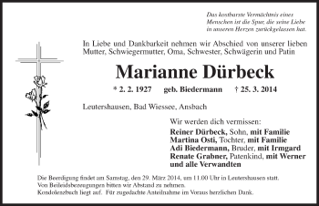 Traueranzeige von Marianne Dürbeck von Ansbach