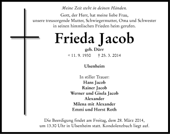 Traueranzeige von Frieda Jacob von Neustadt/ Scheinfeld/ Uffenheim